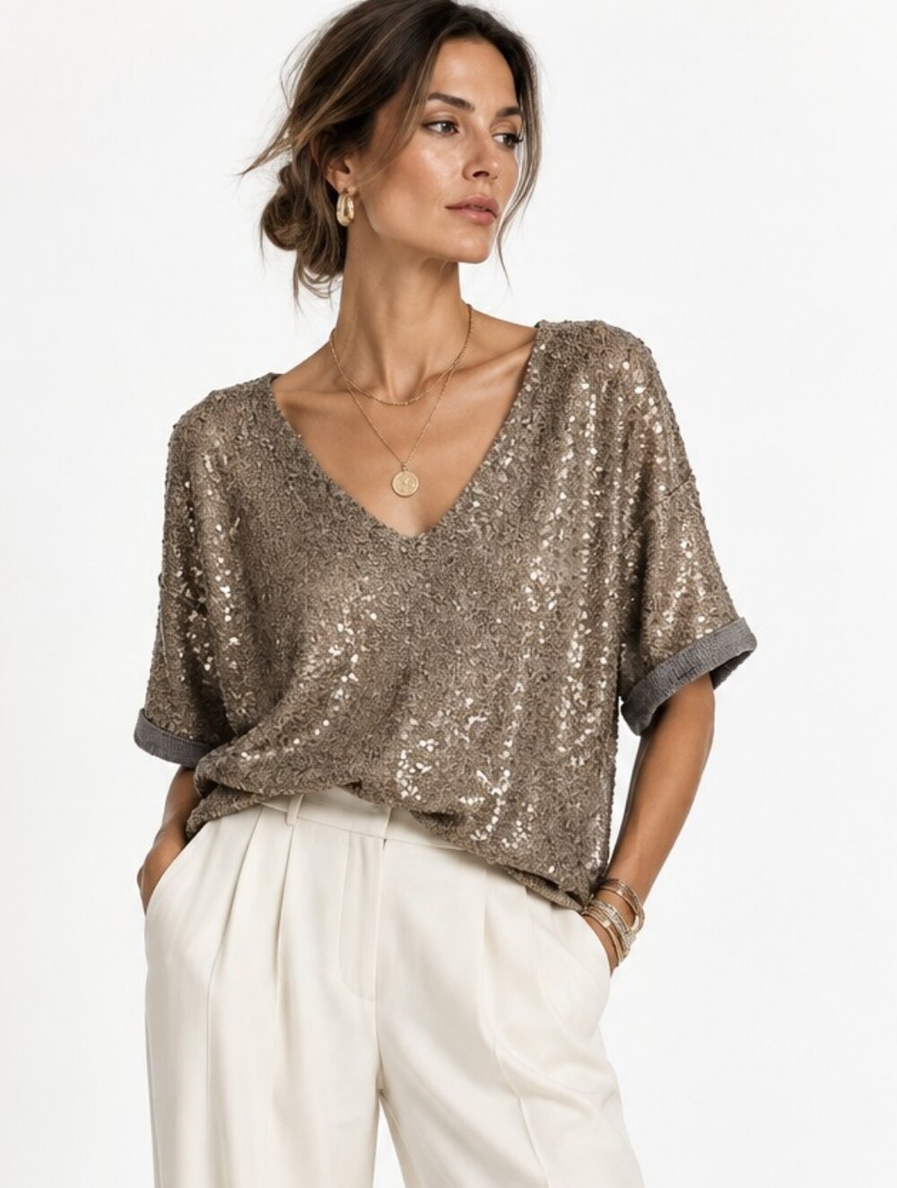 Anthropologie Deletta Gold Sequin knit Sparkle top